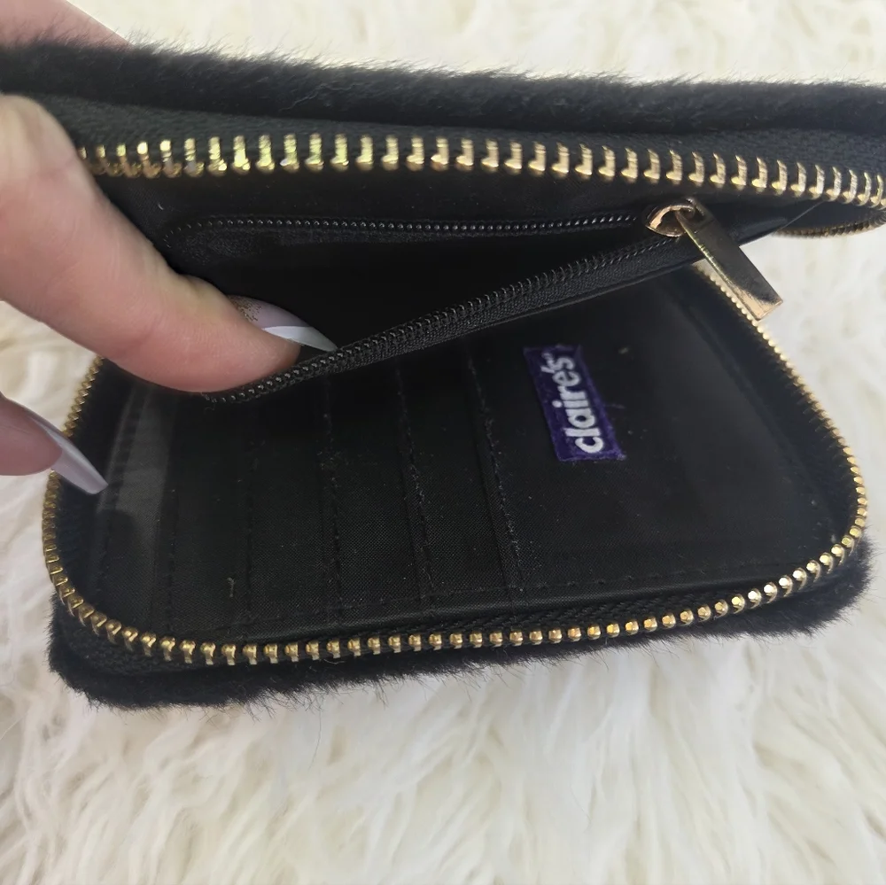 Claire's Black Gold Square Zip Around Elegant Faux Fur Wallet Clutch Purse